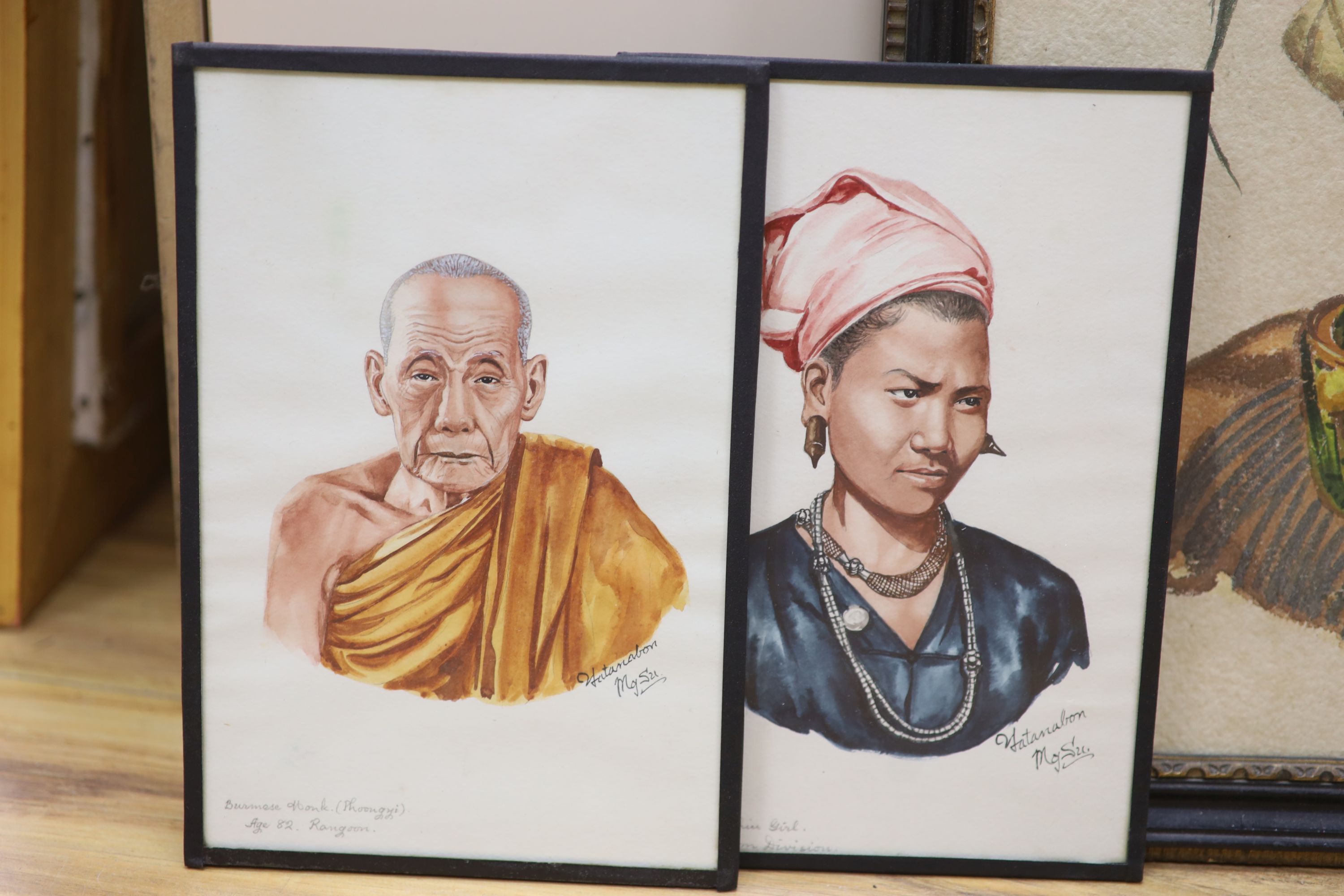 Mgsu Yatanabon, three watercolours, Studies of a Burmese monk, a Kachin girl and another girl, signed, 24 x 16cm and a larger watercolour, signed Naik, 41 x 32cm